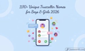 Modern featured illustration for Truecaller names article with smartphone and colorful profile icons.