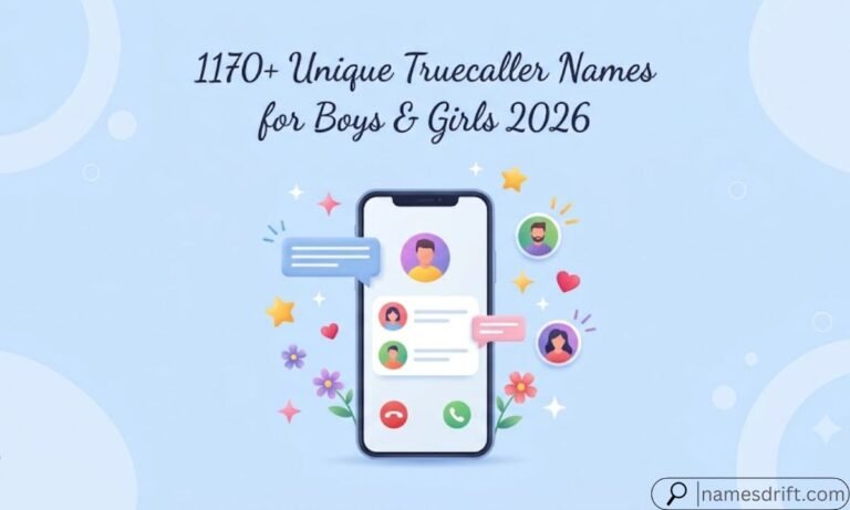 Modern featured illustration for Truecaller names article with smartphone and colorful profile icons.