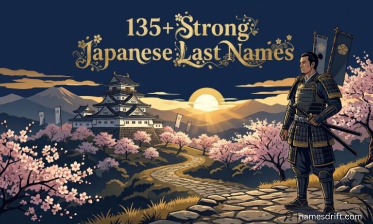 Strong Japanese last names featured image with samurai and traditional Japanese castle