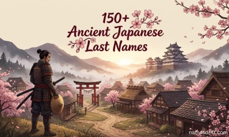 Ancient Japanese last names featured image with samurai and traditional Japanese scenery