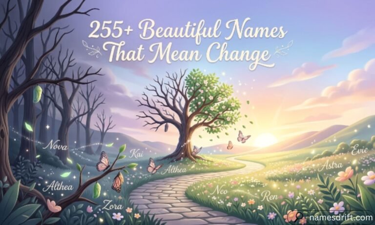 Beautiful Names That Mean Change feature image with symbolic transformation path and blooming nature.