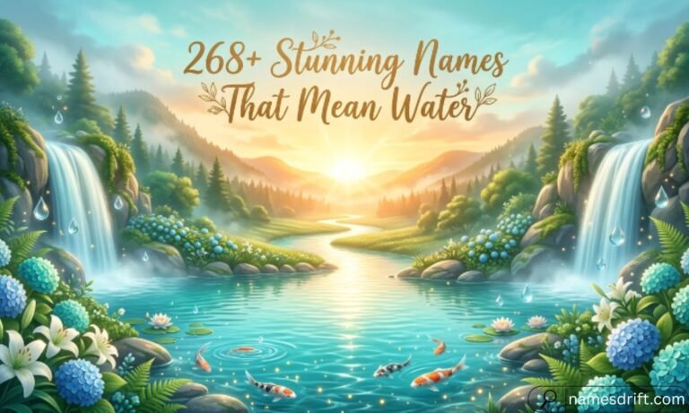 Stunning Names That Mean Water feature images with peaceful rivers, waterfalls, and blooming flowers.