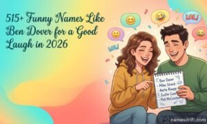 Funny Names Like Ben Dover featured illustrations with laughing friends and playful pun name themes.