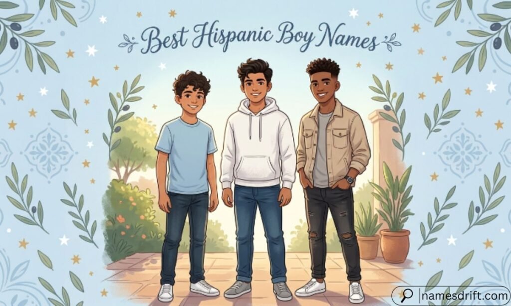 Best Hispanic Boy Names illustration featuring three Hispanic teenage boys.