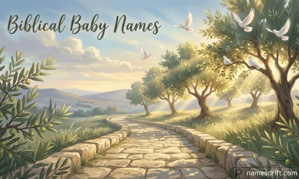 Biblical Baby Names illustration with olive trees and peaceful evening sky.