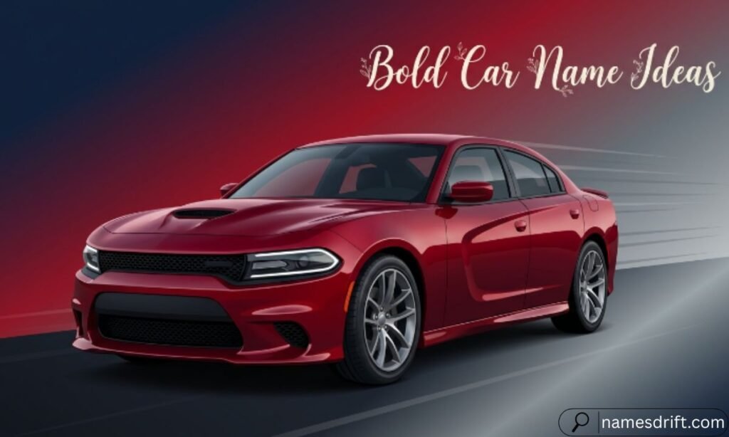  Bold Car Name Ideas featuring a powerful red muscle car.
