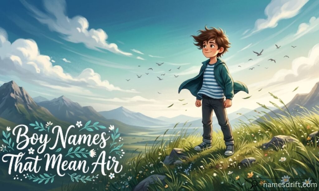 Boy Names That Mean Air illustration with windy landscape and blue sky.