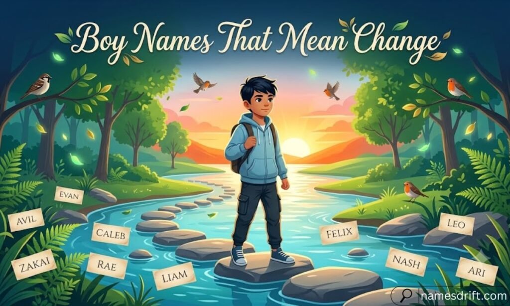  Boy Names That Mean Change illustration with sunrise and transformation journey.
