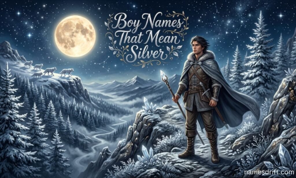 Boy Names That Mean Silver illustration with silver mountains and moonlight.