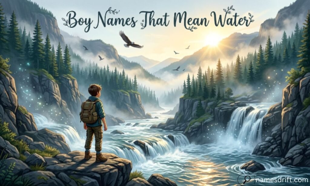 Boy Names That Mean Water illustration featuring river and waterfall landscape.
