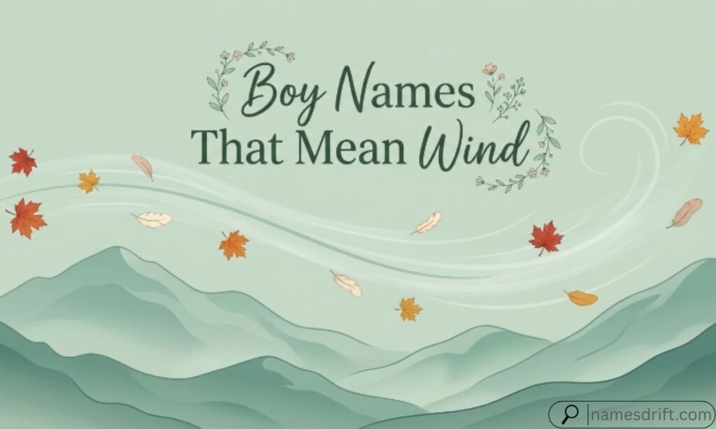 Boy names that mean wind illustration with mountains and floating leaves