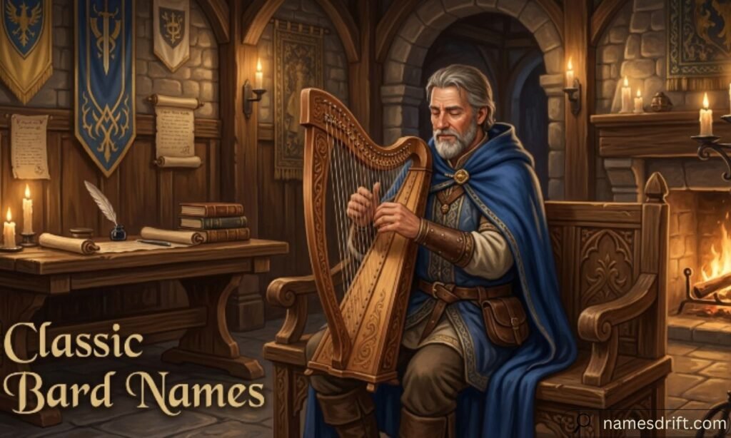 Classic bard names fantasy medieval musician illustration