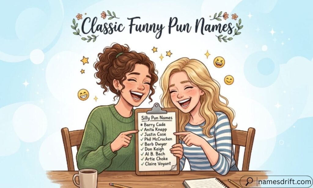 Classic funny pun names illustration.