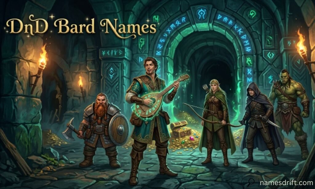 DnD bard names fantasy roleplaying illustration