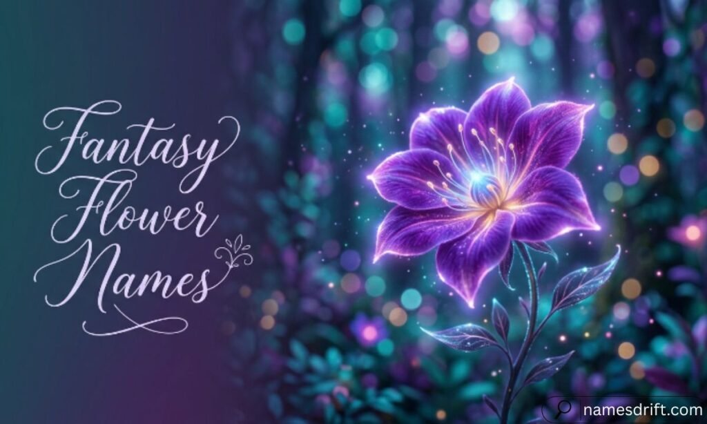 Fantasy flower names with a glowing magical flower.
