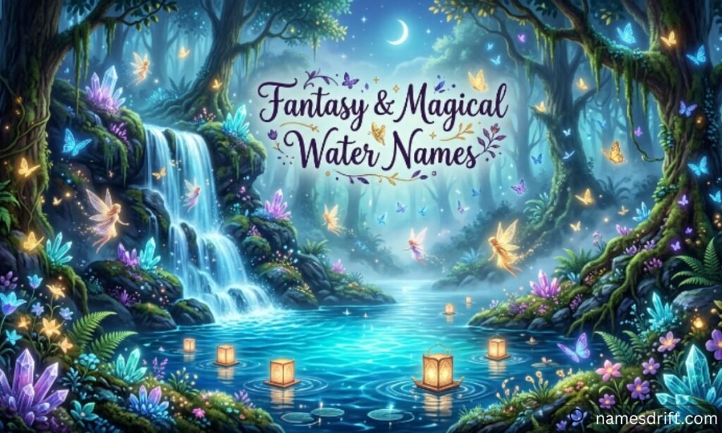 Fantasy and Magical Water Names illustration with enchanted waterfall and glowing forest.
