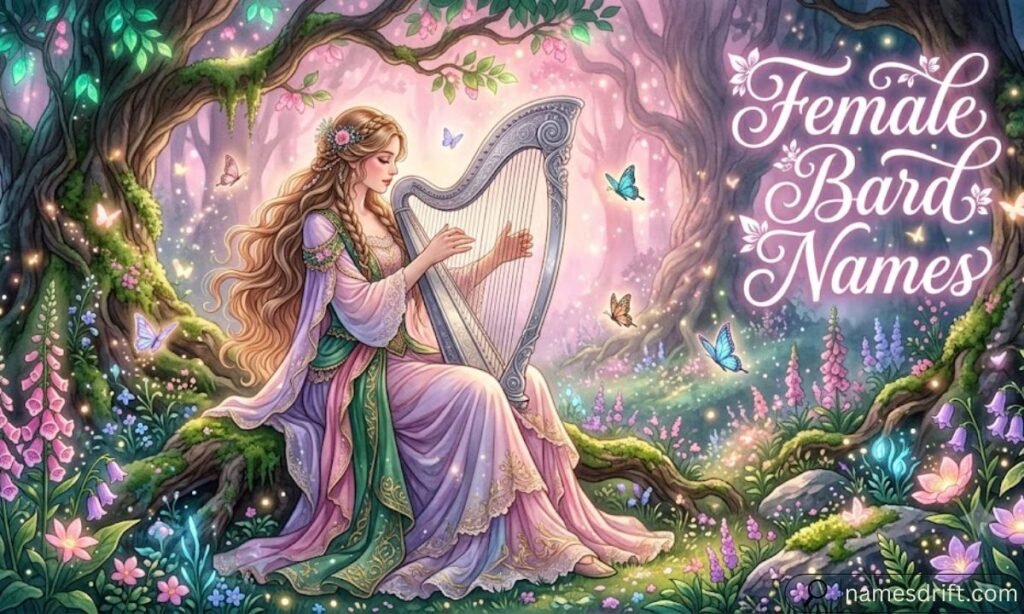 Female bard names magical fantasy forest illustration