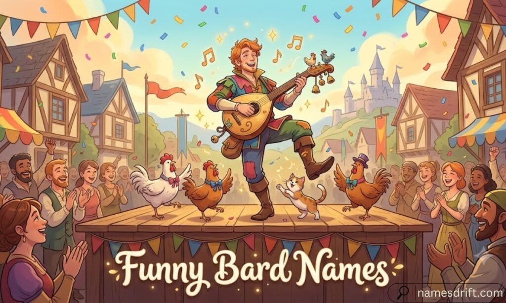 Funny bard names fantasy comedy performance illustration