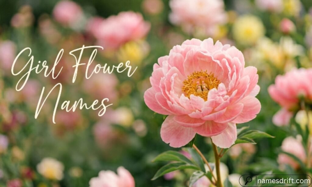 Girl flower names with a pink peony.
