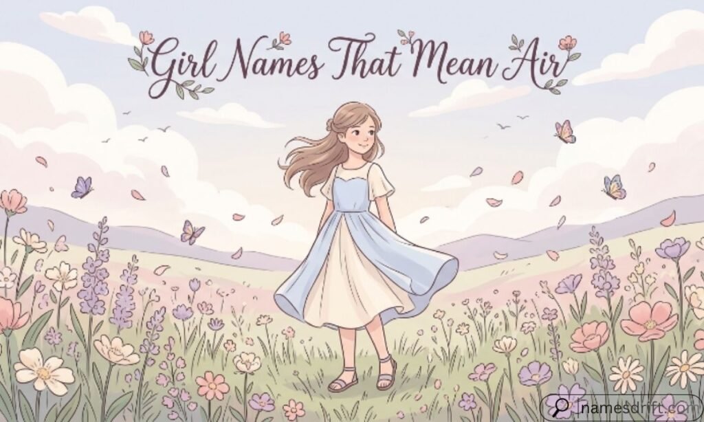 Girl Names That Mean Air illustration with flowers, breeze, and open sky.