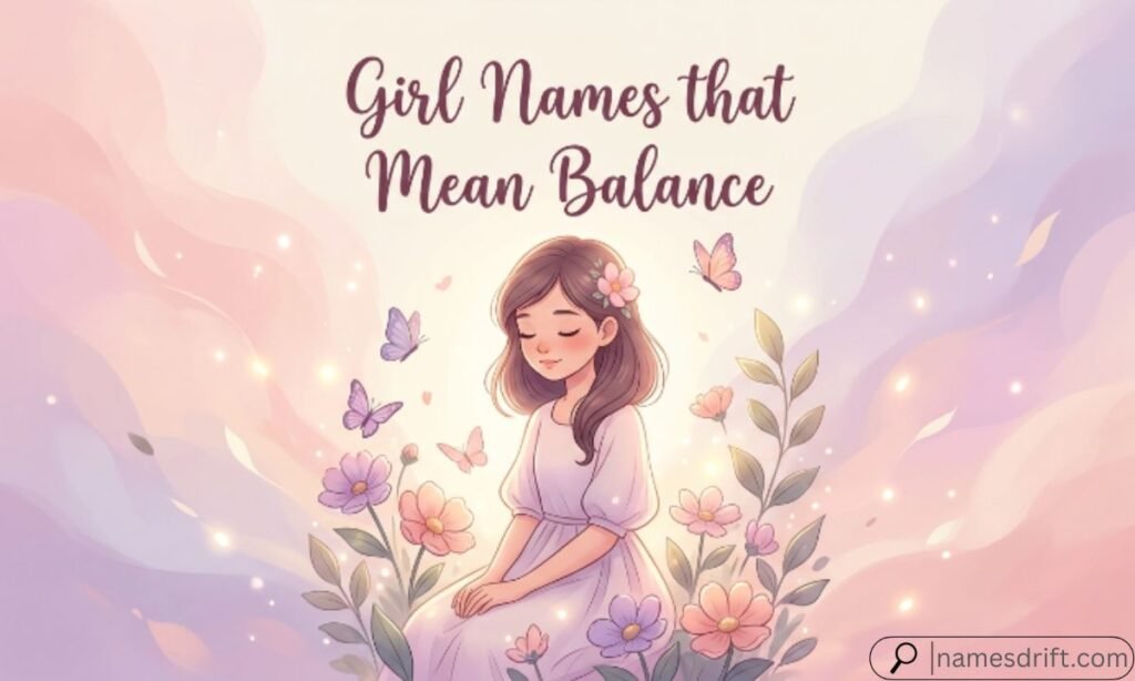 Girl Names that Mean Balance illustration with flowers and peaceful background.