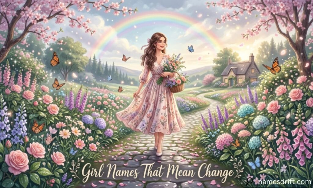 Girl Names That Mean Change illustration with flowers and butterflies.
