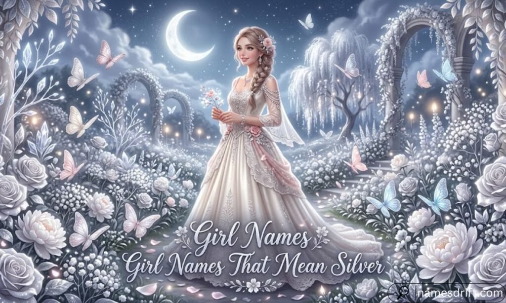 Girl Names That Mean Silver illustration with silver flowers and moonlight.