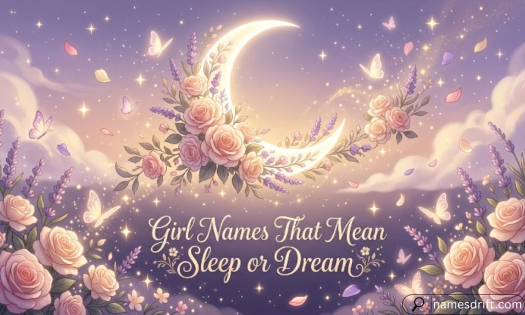 Girl Names That Mean Sleep or Dream with flowers, moon, and butterflies.