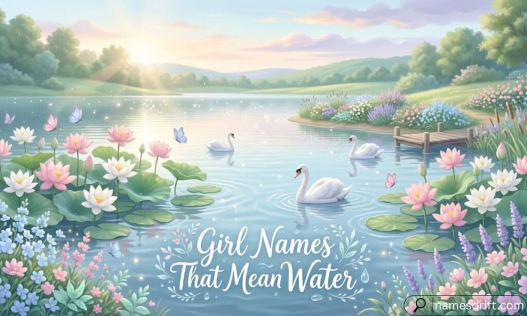  Girl Names That Mean Water illustration with lotus flowers and peaceful lake.
