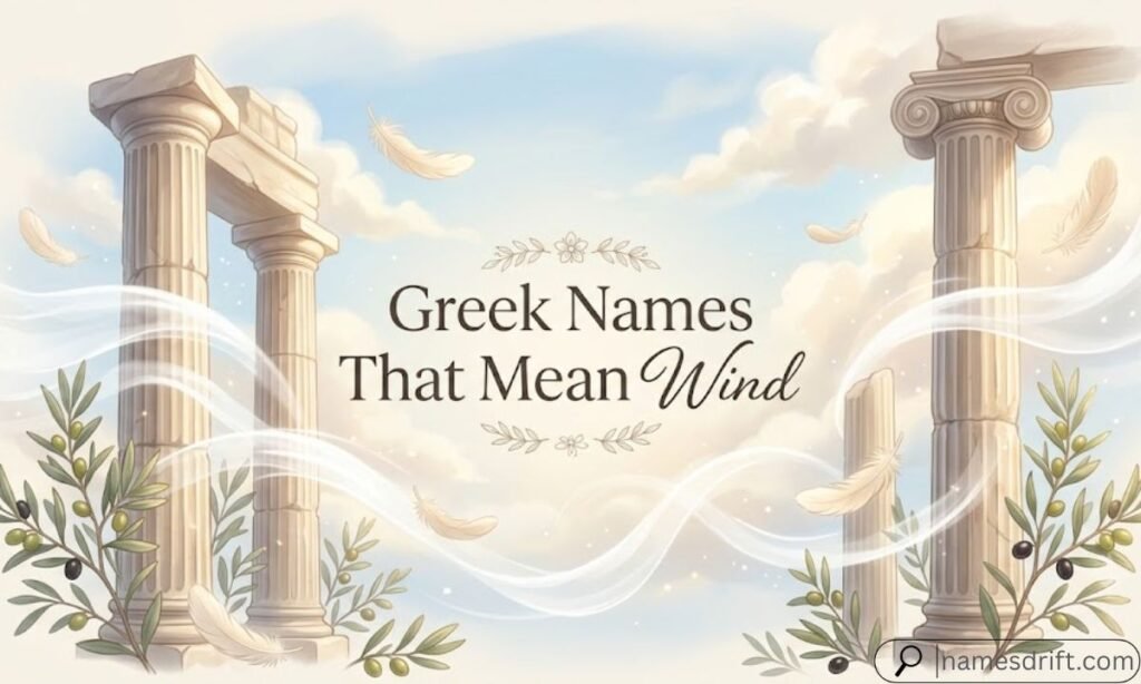 Greek names that mean wind illustration with ancient columns and flowing breeze
