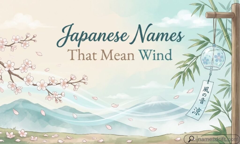 Japanese names that mean wind illustration with sakura petals and wind chimes