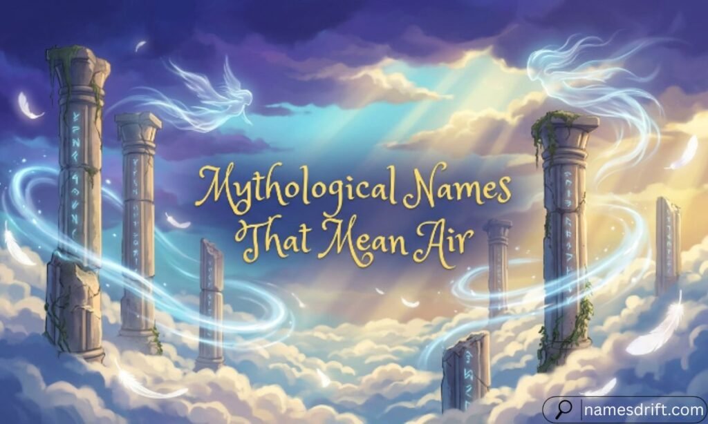 Mythological Names That Mean Air fantasy illustration with floating pillars and wind spirits.