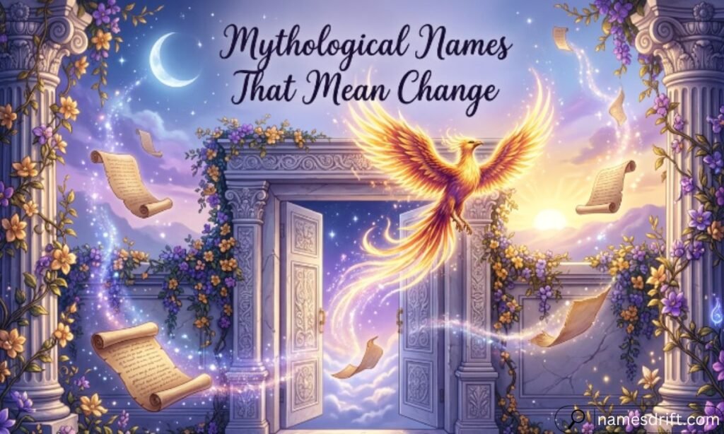  Mythological Names That Mean Change featuring phoenix and magical gateway.
