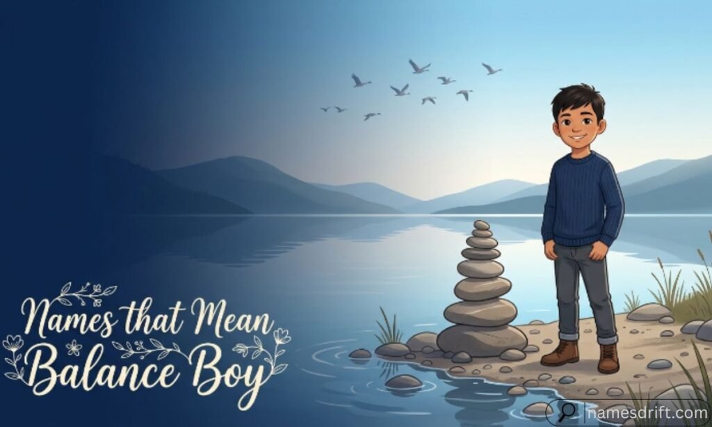 Names that Mean Balance Boy illustration with balanced rocks and peaceful landscape.
