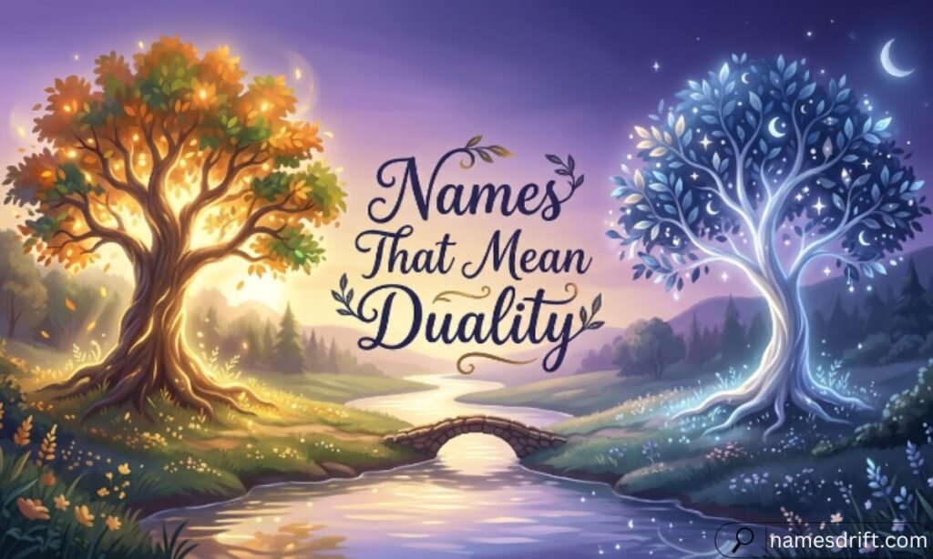Names That Mean Duality illustration with day and night symbolic trees.