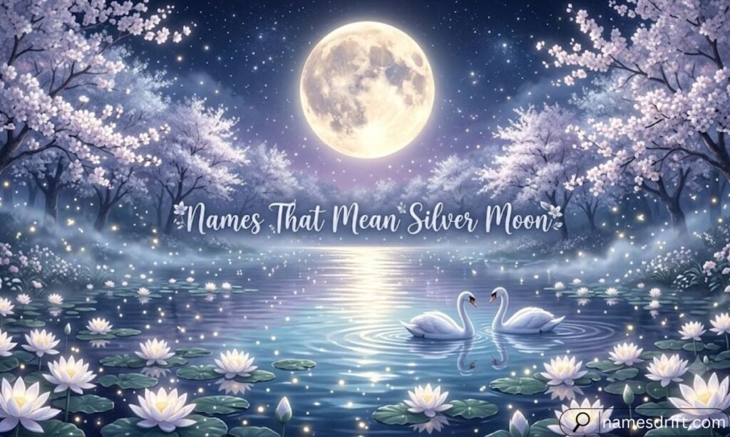 Names That Mean Silver Moon illustration with glowing moon and silver lake.