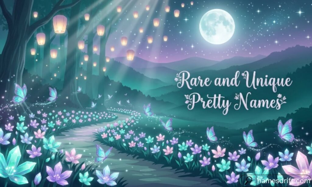Rare and Unique Pretty Names illustration with an enchanted fantasy landscape.