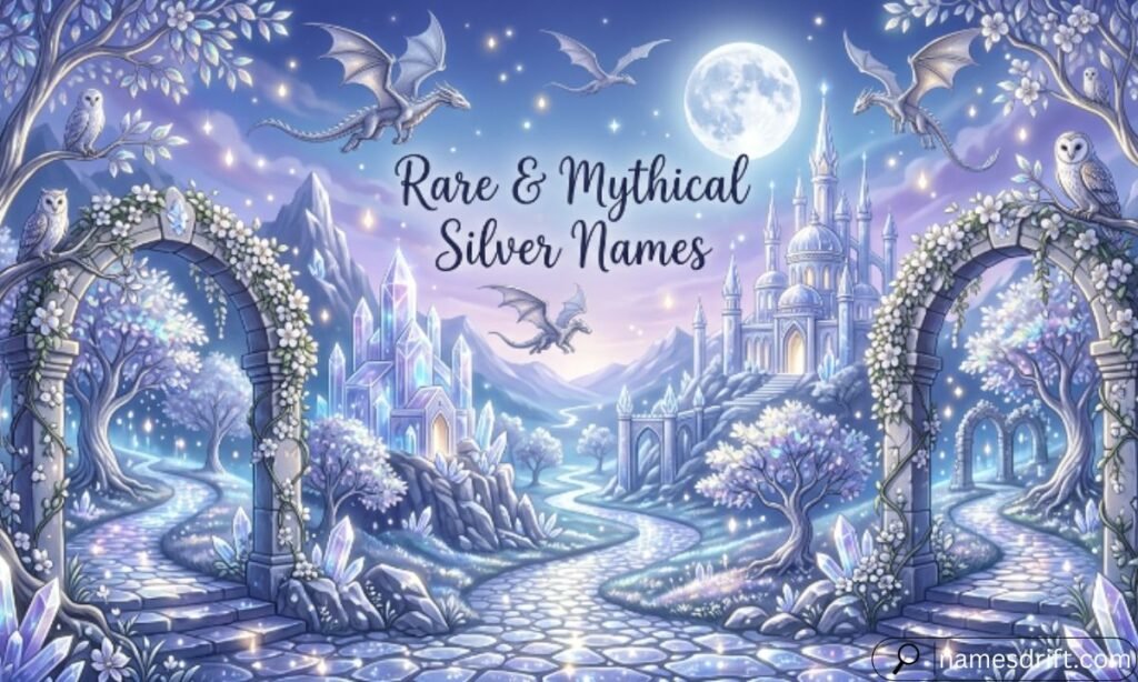 Rare and Mythical Silver Names illustration with silver dragon and crystal castle.