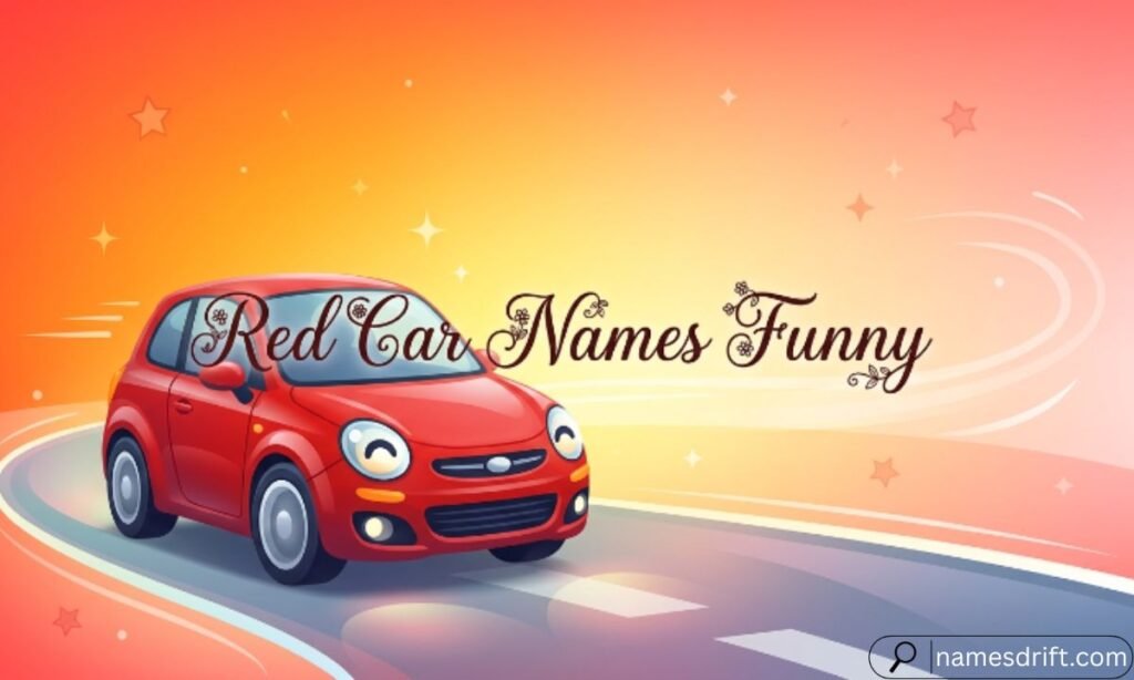  Funny Red Car Names illustration with a playful red compact car.
