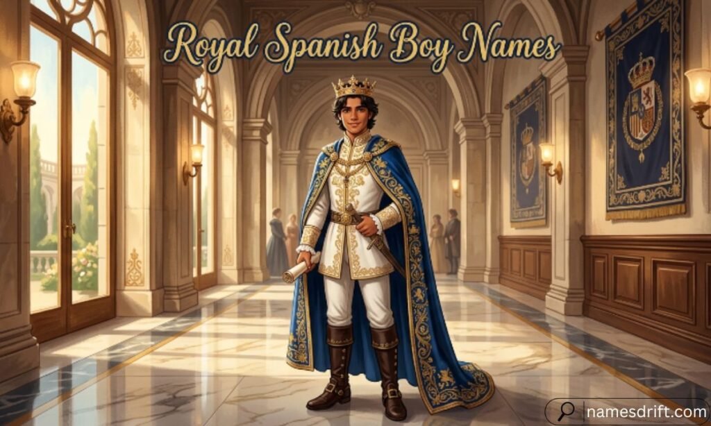 Royal Spanish Boy Names illustration featuring a Hispanic teenage prince.