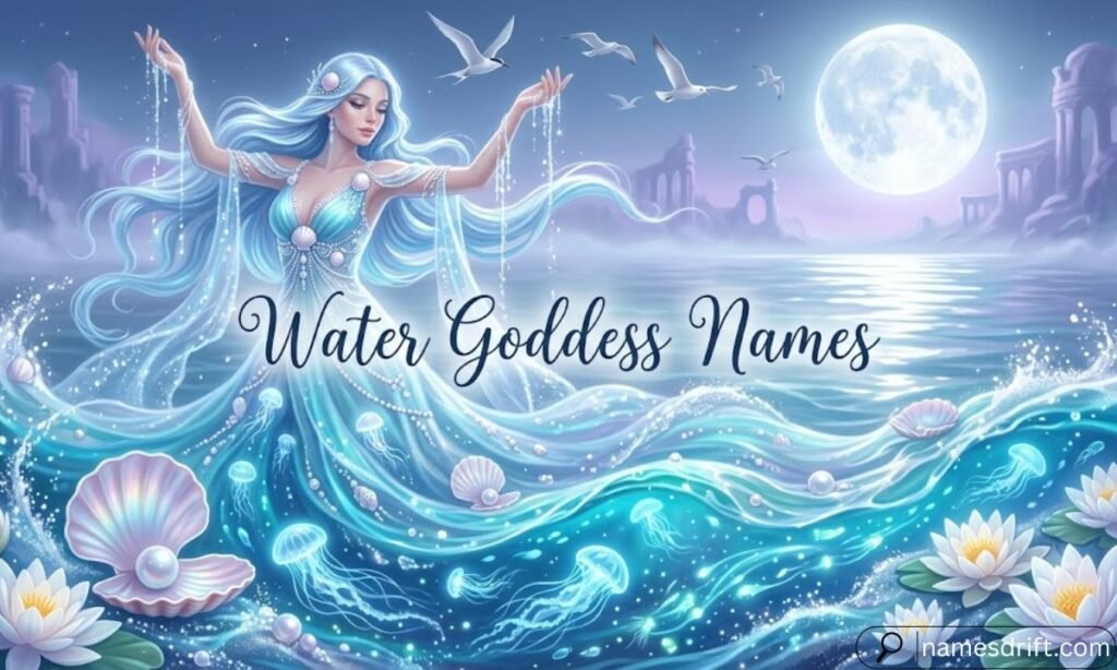 Water Goddess Names illustration with magical ocean and glowing sea.
