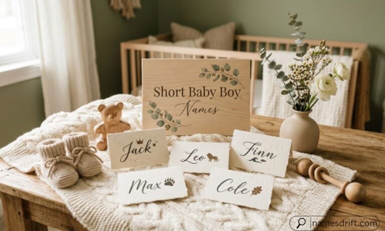 145 Short Baby Boy Names displayed on elegant name cards with baby nursery decor