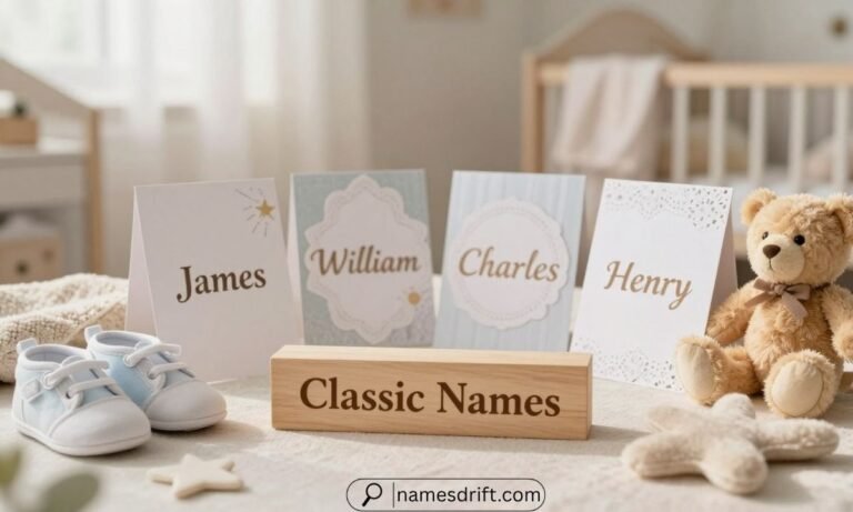 Classic Baby Boy Names displayed on elegant name cards in a country garden