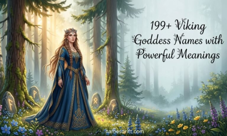 Viking Goddess Names featured image showing a majestic Norse goddess in a mystical forest