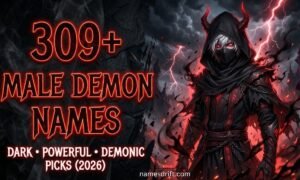 309+ male demon names featuring a powerful anime-inspired demon boy with glowing red eyes