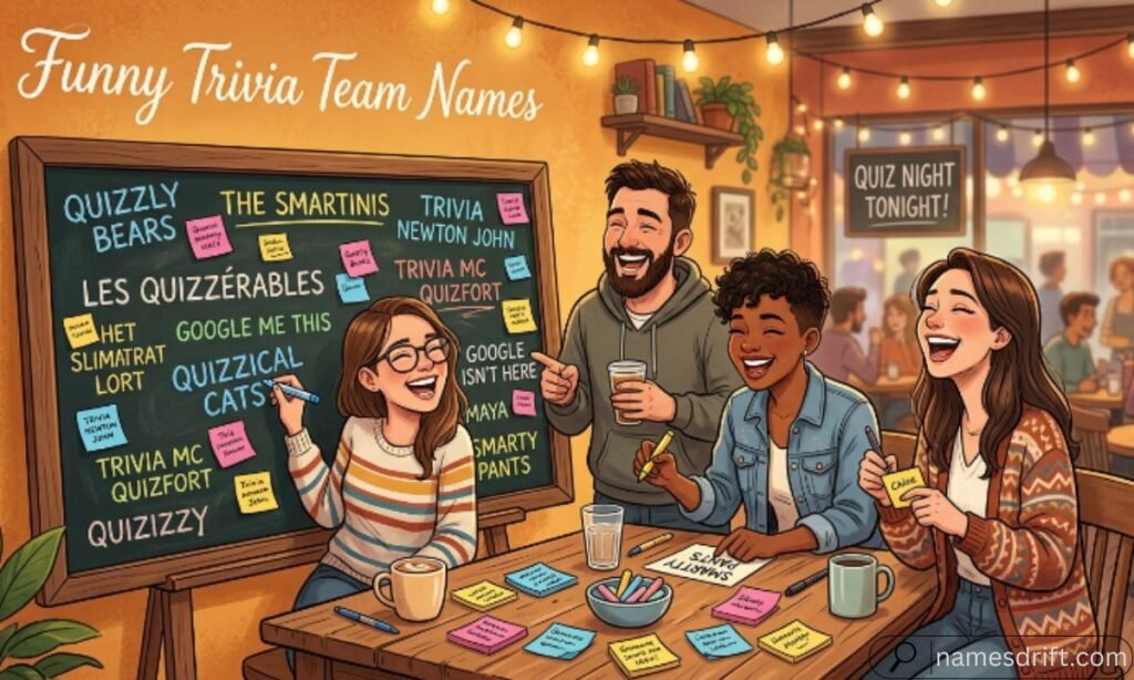 Funny trivia team names written on a chalkboard before quiz night