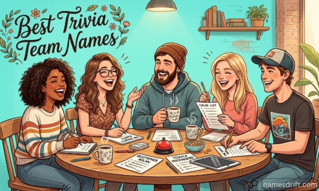 Group choosing the Best Trivia Team Names before quiz night
