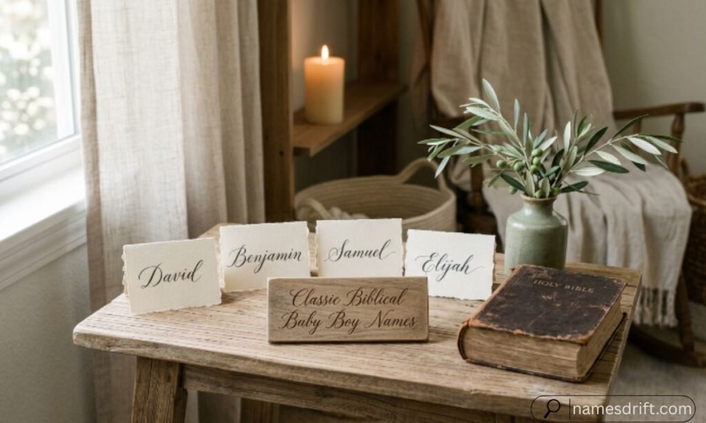 Classic Biblical Baby Boy Names displayed on elegant cards beside a Bible