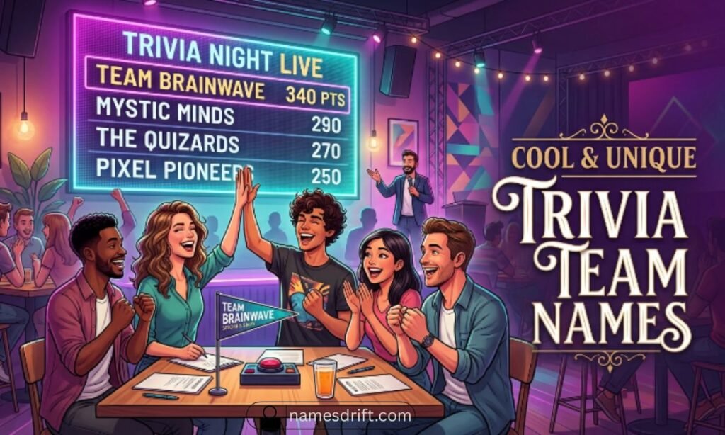 Cool and unique trivia team names displayed on a trivia leaderboard