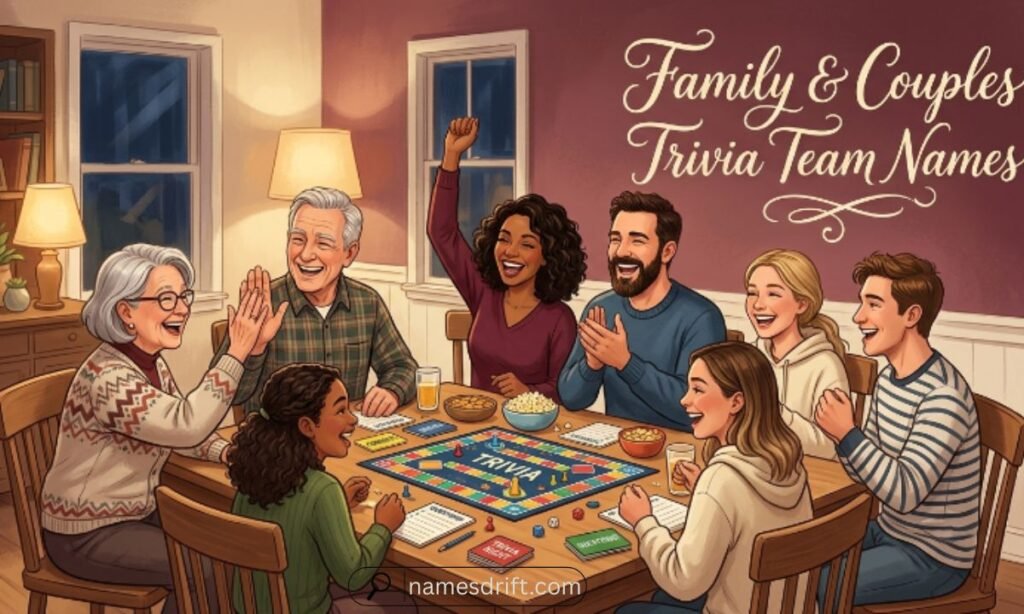 Family and couples enjoying trivia team names during game night